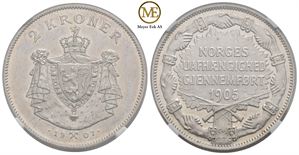 2 kroner 1907 Jub. m/gevær Haakon VII. Kv.01