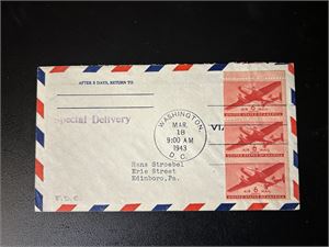 USA-BREV Special Delivery med 6c luftpost 3-stripe fra hefte stemplet "WASHINGTON DC MAR 18 1943"