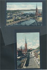 ARENDAL 2 fargekort som viser byen med kirken. 1 sendt til Sverige 1912