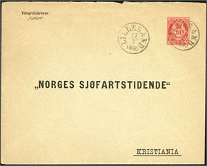 10 øres privat helsak "Norges Sjøfartstidende", stemplet "Lillesand 17.3.1890".