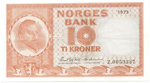 10 kroner 1973 Z.0059337 erstatningsseddel. Kv.1+