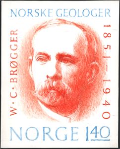 Knut Løkke-Sørensen. Originaltegning av Kr 1,40 Norske Geologer 1974 (NK 738). Ca 12 * 15 cm.