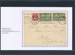 Nk 100 og 114 x2 på brev maskinstemplet "KRISTIANIA 12 X 14" til Kiel, Tyskland