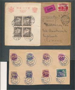POLEN Rek ekspressbrev med Mi Bl 2 stemplet "TORUŃ 29.9.37". Medfølger brevark med falske porto-overtrykk 1919