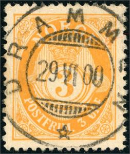 75 X. 3 øre fintagget Knudsen, vakkert stemplet "Drammen 29.6.0".