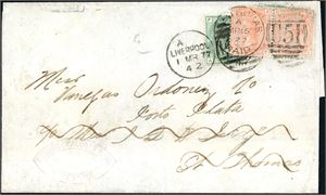 DWI. Two 1/- green on dobbelweight letter, cancelled "Liverpool 1 Mr 77 42" and sent to J.F.D. Jurgens, St. Thomas, who have forwarded the letter to Haiti with to 4d orange (plate15) and cancelled "St. Thomas Paid Mr 16 77".