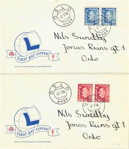 FDC Haakon 1956, 35 og 65 øre. 2 brev med par, vignett 1