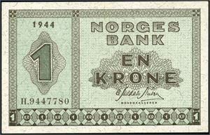 1 krone 1944, serie H.9447780. 01