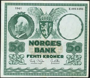 50 kroner 1961, serie E.0014486. 2