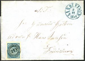 1. 4 skilling Våpen 1855 på brevomslag, vakkert annullert med nummerstempel "253" og ved siden stemplet "Sandefjord 9.12.1859".