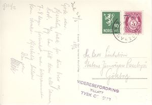 Sensur Postkort "VIDEREBEFORDRING TILLATT TYSK CENSUR" på postkort fra Pollfoss st. Dovrebanen S. 18-6-4x