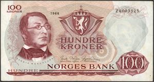 100 kr 1968, serie Z 8003525. Erstatningsseddel, 8-mill. God 1