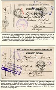 Russia. Three "prisoner of war"-cards, all sent to Norway 1916.