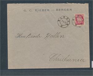 PERFIN "R.r" på brev med Nk 77. Logo fra G. C. Rieber - Bergen. Stemplet "BERGEN 9 II 07"