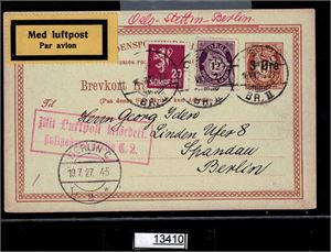 LUFTPOST FFC OSLO-STETTIN-BERLIN på oppfrankert helsak stemplet "OSLO 16 VII 27"