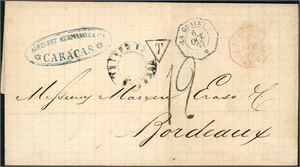 A complet letter from Caracas to Bordeaux, dated inside "La Guaira le 5 Oct 1877. On the front two different postmarks from "la Guaira 6 Oct 77" and a red "Venezuela Paq. Fr." and the french postage number "19" (decimes). Arrivalpostmark "Bordeaux 24 Oct 77" at reverse.