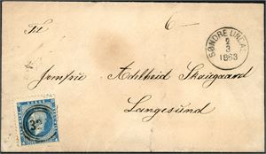 4. 4 skilling Oscar på komplett brev, anert med nummerstempel "321" (6 pkt), og ved siden stemplet "Søndre Undal 2.3.1863" (VA).