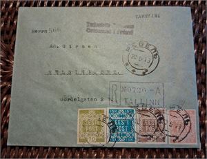 ESTLAND Mi 1-4 på censurerat Rek-brev skickat till Finland.  Trevlig fyrfärgsfrankering med Estlands första frimärken-