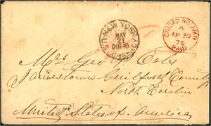 Envelope with a red "Ciudad Bolivar Paid A Ap 30 75" cds together with "New York U.S. Currency may 21 Due 10" on front and sent to North Caroline..