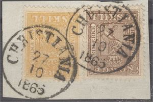 NK 6 og 10 på klipp (26 skill.) stemplet Christiania 27-10-1865.   Pen liten sak !