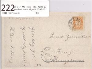 IV-313 Mo skole (Ro, 4pkt) på postkort sidest. Vigedal 20-XII-13