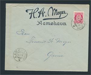 Brev med firmalogo stemplet "AAMØYHAVN 14-II-18" (No, grad 6), Ikke pent åpnet