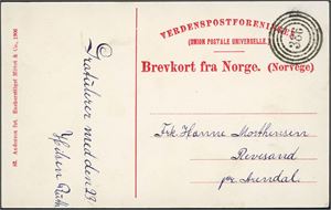 Ufrankert postkort, annullert med 4-rings "386" (Brekken i Nedenes, Tromø, AA) og sendt ifra Fru Ruth til hanne i Revesand, pr. Arendal.