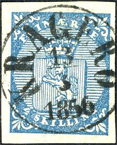 1. 4 skilling Våpen 1855. pent fullstemplet "Kragerø 13.3.1856". Tre gode- og en normal marg.