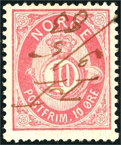 36. 10 øre skravert Posthorn 1879, med håndskrevet dampskipsanering "H 3/5 83" (Harald Haarfagre på Randsfjorden).