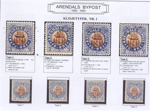 Bypost Arendal bypost nr 1 typesett Ty. 1 - 4 postfrisk.  Fargeskisser og beskrivelse av kjennetegn.  Svak krakelering i limet på noen, man alle er postfriske.
