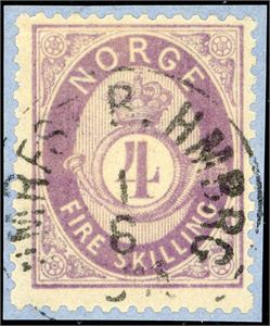 19 II. 4 skilling Posthorn på lite brevstykke, annullert med rettvendt dampskipsstempel "Hmrfst B. Hmbrg 1.6.187?".
