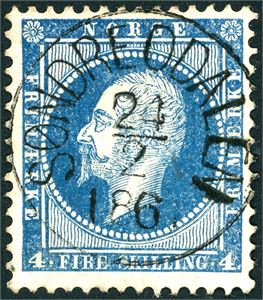 4. 4 skilling Oscar, rettvendt stemplet "Søndre Odalen 24.2.1861" (HE, 8 pkt)..