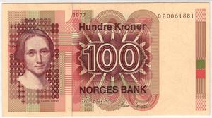 100 kroner 1977 QB erstatningsseddel. Kv.0/01