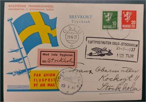 NORGE Första flygturen Oslo–Stockholm (21 juni 1937). Trevlig helsak med specialstämpel  LUFTPOSTRUTEN