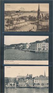 ARENDAL 3 kort (John S. Olsen, PMD og Schönberg). Det midterste kortet på bildet er ubrukt, men har vært limt inn, de andre postgått 1908/1913