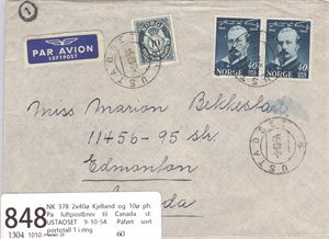 NK 378 2x40ø Kjelland og 10ø ph. På luftpostbrev til Canada  st. USTAOSET 9-10-54.  Påført sort portotall 1 i ring