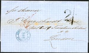 A complete letter from Puerto Rico to London, with "Lameyers & Co Mayaguez P R" company stamp on front together with handwritten "Pr Steamer" and postage number "2/". On reverse an oval mark "Forwarded by Ruetzig & Co St. Thomas" where the date 13/11/68" is written with ink., together with "St-Thomas No 13 68"- and "EX London No 26 68" cds.
