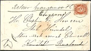 27. 20 øre skravert Posthorn på konvolutt til Kronstad, Russland, stemplet "Holmestrand 26.8.1880". I Russland er brevet videresendt til Grangemouth. Baksiden med 5 russiske stempler samt ankomststempel i Skottland.