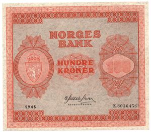 100 kroner 1945 Z.8036458 8-million erstatningsseddel. SS-seddel. Kv.0/01