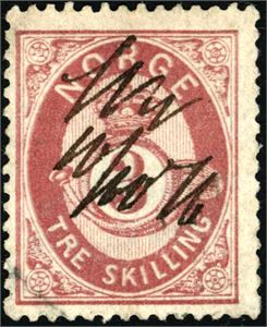 18 a. 3 skilling Posthorn, annullert med håndskrevet "SVg 10/10 76" (Syd Varanger, FI).