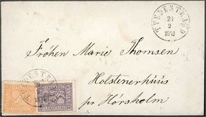 12,13. 5 skillings porto til Danmark. 2 skill 2 og 3 skill 3 på liten konvolutt til Hørsholm, stemplet "Tvedestrand 29.9.1871". Baksiden med "Christiania Omk" samt to danske stempler.
