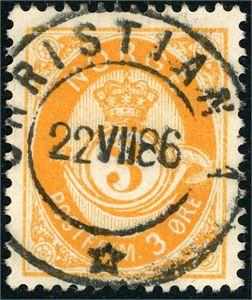 41. 3 øre 21 mm, pent fullstemplet "Christiania 22.7.86".