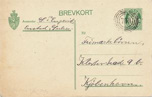 IV-709 (t.1) - ENSTAD (SF / 7) på 5-øres brevkort sendt til Frimærkebørsen Kjøbenhavn. Avtrykk av kontorstempel 28. Juni 1916 på baksiden.