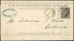 11. 1 skill 1 på komplett trykksak, datert "Cardiff 8.9.1868" og sendt via Forwarding Agent Hans Johnsen, stemplet "Christianssand 18.9.1868" og sendt til Christiania.