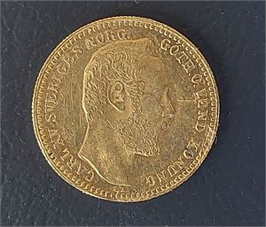 SVERIGE KARL XV 10 Francs 1 Carolin 1868 guldmynt, hanteringsspår. (3.23 gr .900 guld. Kv. 1+)