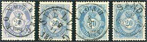 40 I aX,Iia,Iibx,Iiby. Fire 20 øre blå 1883, elle med pene stempler.