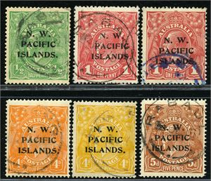 N.W. PACIFIC ISLANDS 65/72. Six stamps incl. shades (striking diff. shades on 4 d, we are reluctant to believe one is "chrome-yellow", but counting only the two cheapest). Seks frimerker inkl. nyanser (slående diff. nyanser på 4 d, vi er villige til å tro at den ene er "chrome-yellow", men regner bare de to rimeligste). (ca. £100)