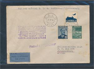 FØRSTEFLYVNING KLM Amsterdam-Johannesburg stemplet "OSLO 26-9-46". Esperanto brevmerke og ankomststempel bak