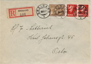 BREISAND (Telemark), stemplet SL 26 VII 47 (4 pkt) på rek.brev med NK 246 (x2) og 361, sendt til H7-lotteriets kontor.