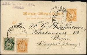 75,76. 3 øres Svar-Brevkort, oppfrankert med en 3 øre- og en 5 øre Posthorn, stemplet "Bagdad" og sendt til Bergen i 1902, der kortet er ankomststemplet. *